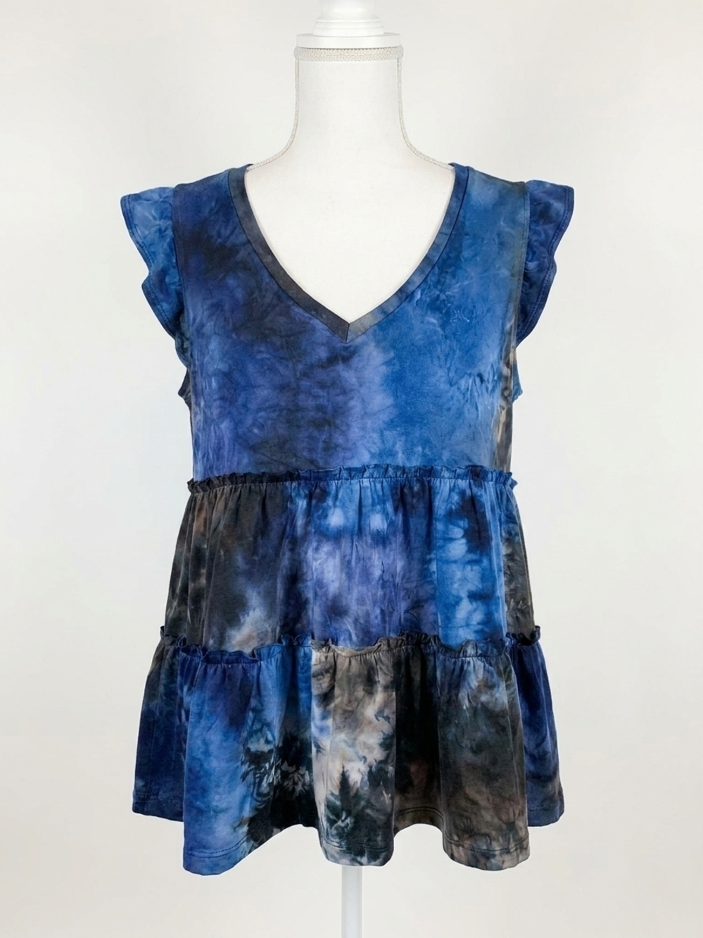 NEW SEW IN LOVE women's baby doll ruffle sleeve tie dye tank top in stormy skies